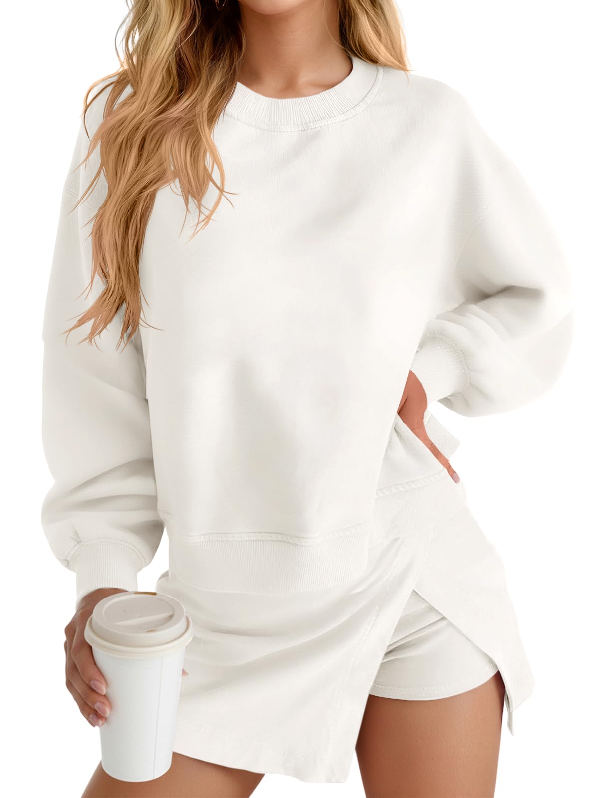 Fisoew 2 Piece Sets For Women Cotton Workout Sets Sweatshirt Top High Waisted Lined Split Athletic Skirt Set