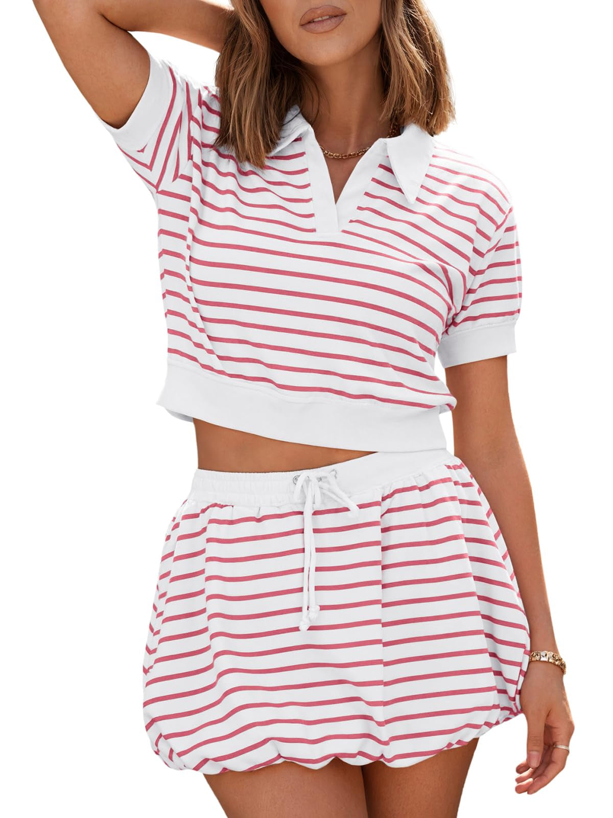 Fisoew Womens Striped 2 Piece Outfits Skort Set Short Sleeves Shirts Bubble Mini Skirt Sets Matching Sets