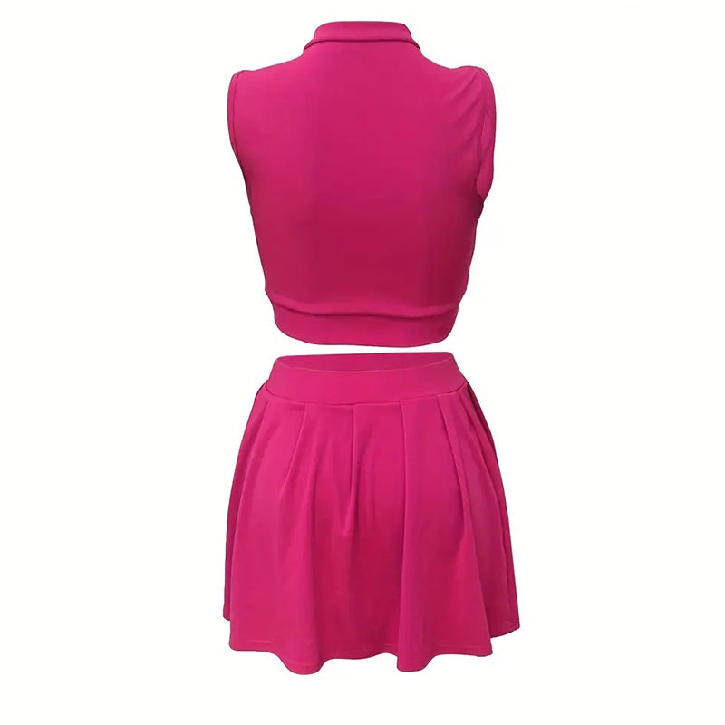Women's 2 Piece Outfits Skirt Sets Summer Sleeveless Crop Top Pleated Short Mini Skirt