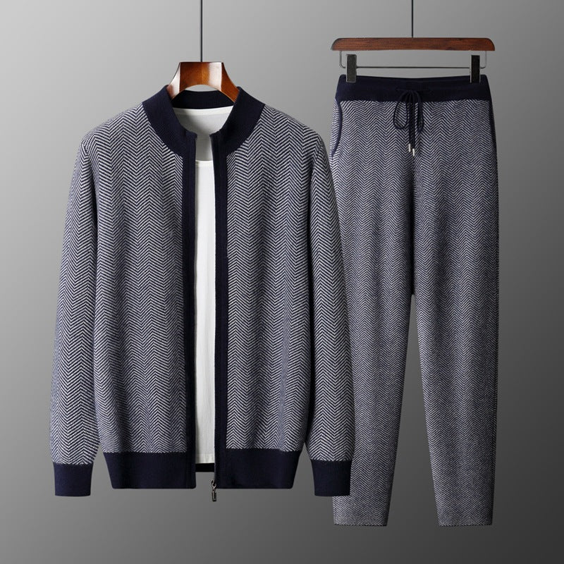 Mens Winter Pure Wool Sweater Half-Neck Zip-Up Cardigan With Thicker Outer Layer