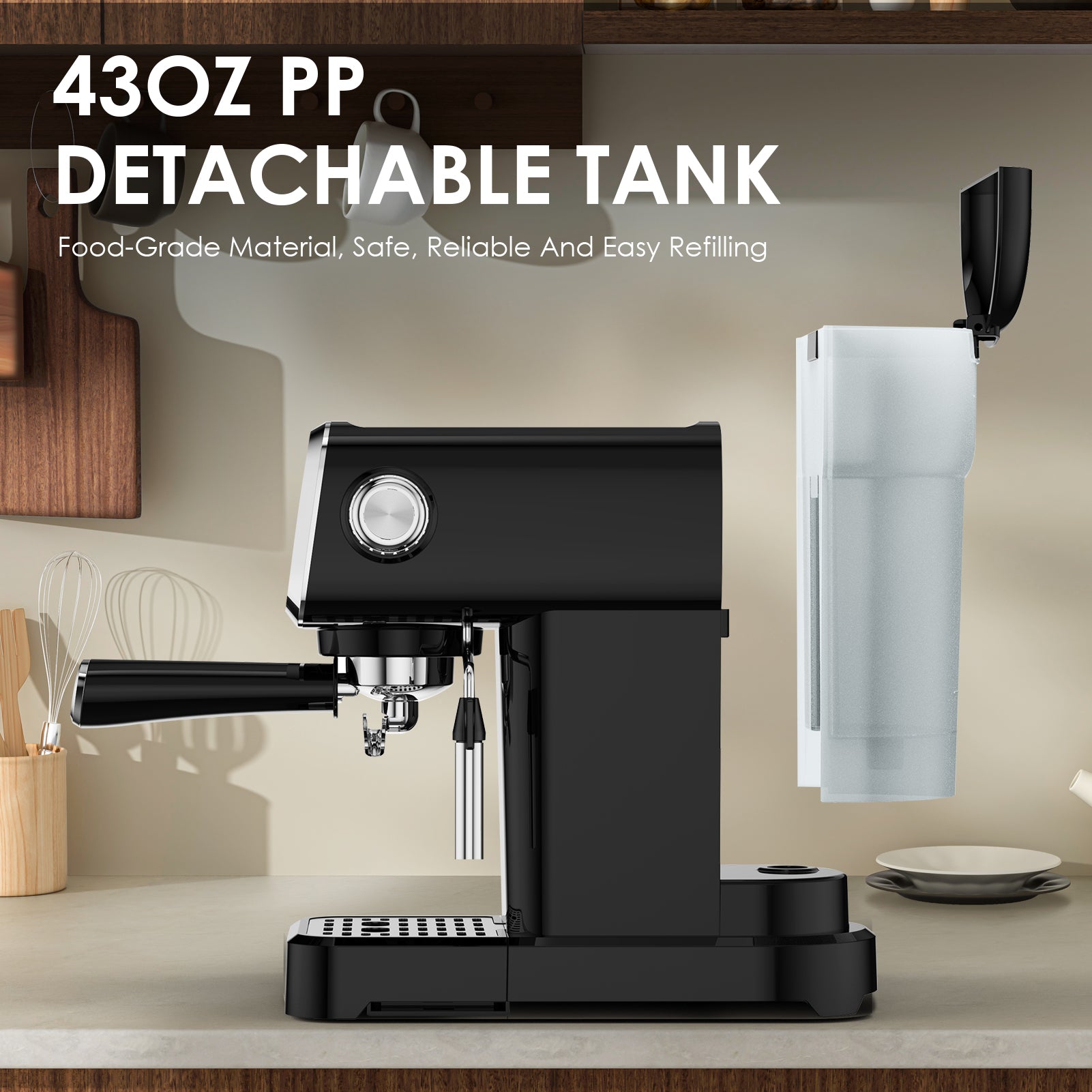 20 BAR Slim Espresso Machine With Milk Frother, Cup Warmer, 43 OZ Detachable Tank, For Espresso, Americano, Latte, Space-Saving, Screen Button, Black