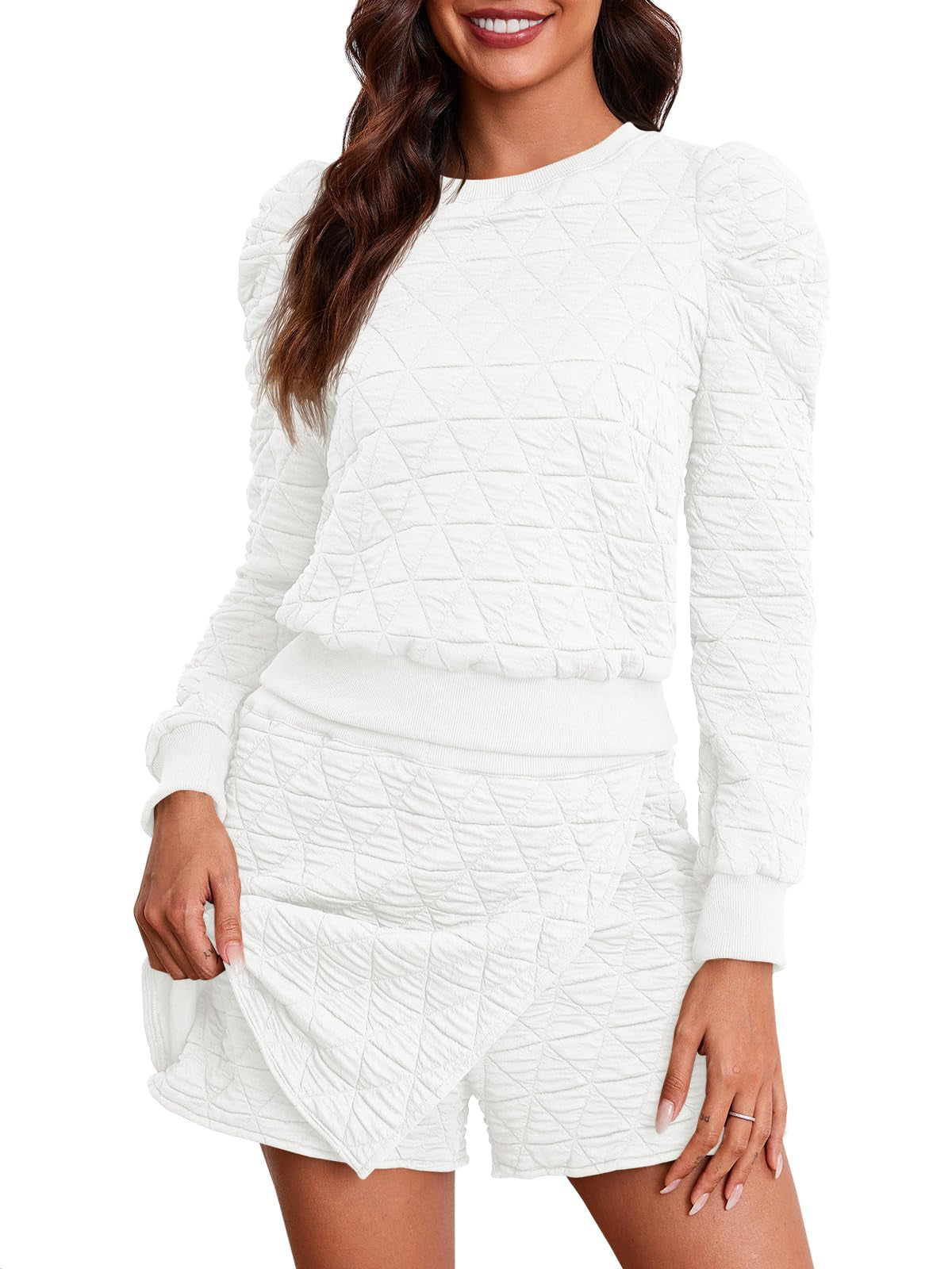 Fisoew Women's 2 Piece Lounge Wear Set Long Sleeve Argyle Sweatshirts And Wrap Skorts Casual Sets