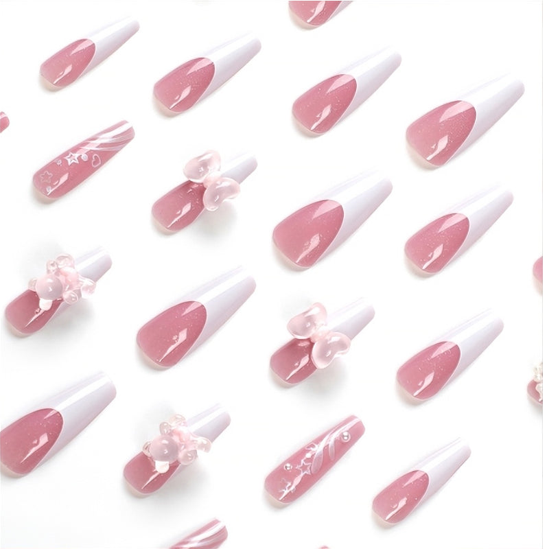 24 PCS Bear Bowbowknot Nail Art, Long Length Long Water Pipe Fake Nails,Square Head Nail Tips False Nail