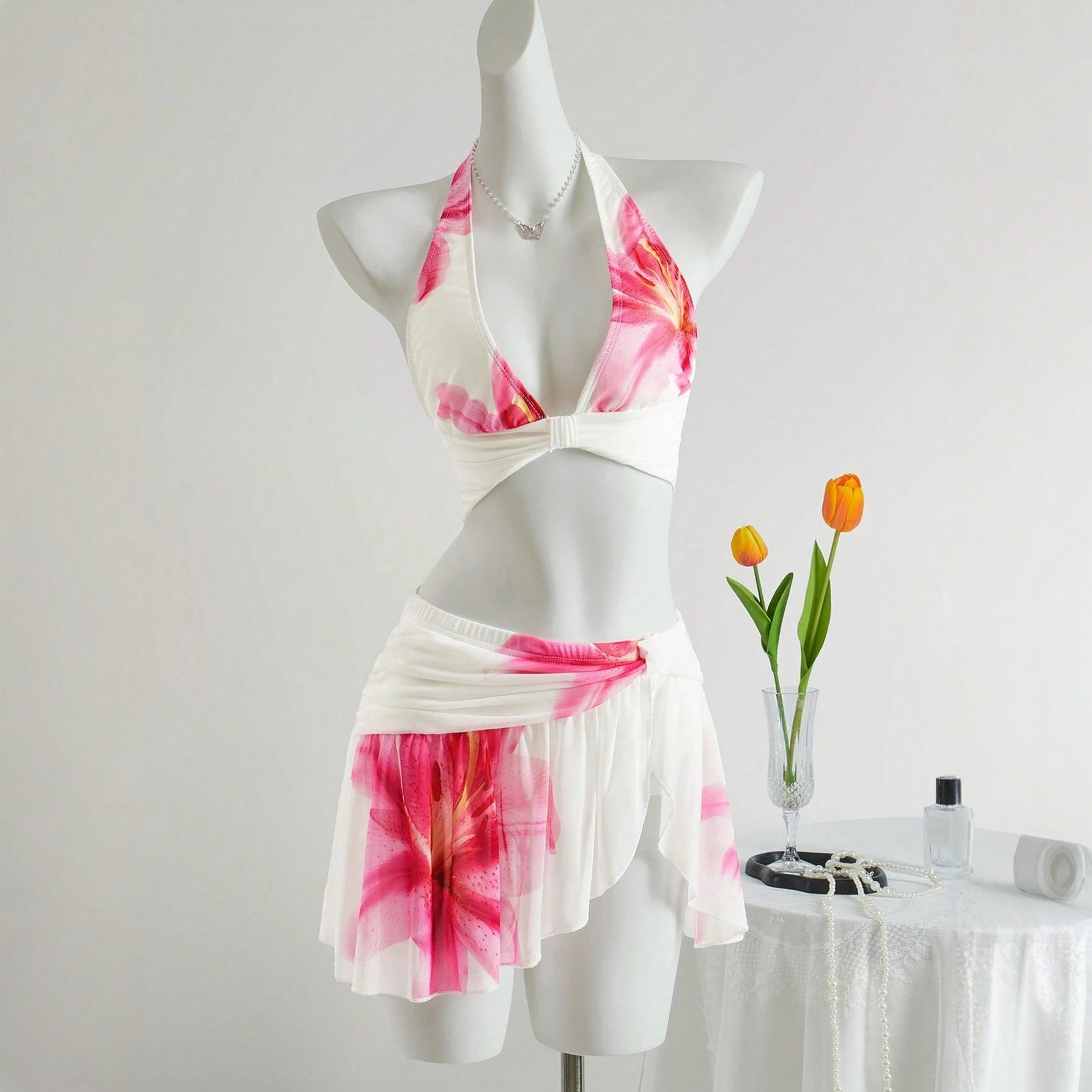 Two Piece Skirt Style Slimming Bikini Set With Printed Mesh Panels