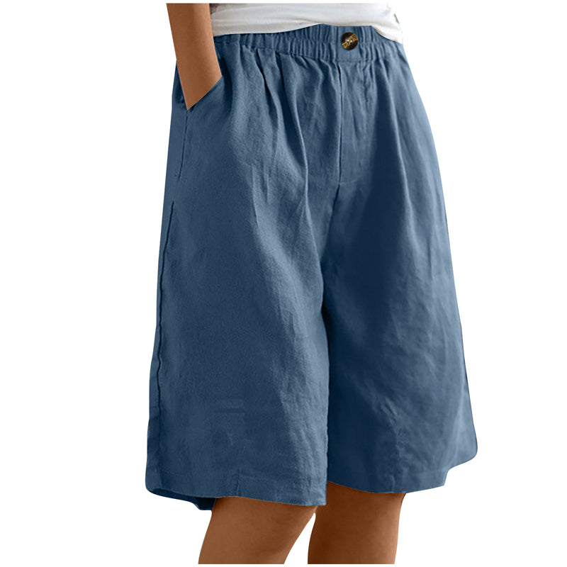 Women's Casual High Waist Loose Fit Solid Color Shorts - Button & Elastic Waist With Pockets, Comfortable Summer Shorts