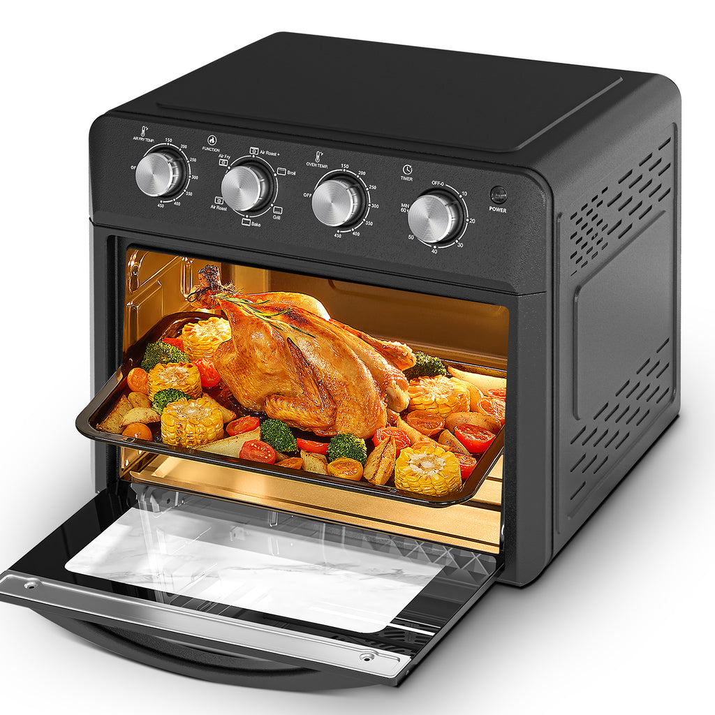 27.5QT 6-in-1 Air Fryer Toaster Oven, Dropdown-Door, 6-Slice, Countertop Convection Oven, Air Frying, Baking, Roasting, Broiling, Grilling, 1600W, Black