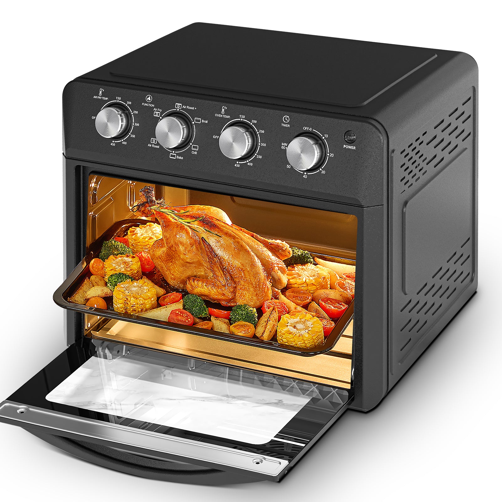 27.5QT 6-in-1 Air Fryer Toaster Oven, Dropdown-Door, 6-Slice, Countertop Convection Oven, Air Frying, Baking, Roasting, Broiling, Grilling, 1600W, Black