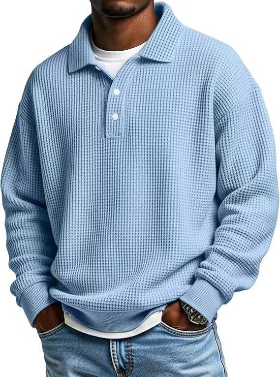 Men's Waffle-Knit Polo Shirt, Retro Solid-Color Top