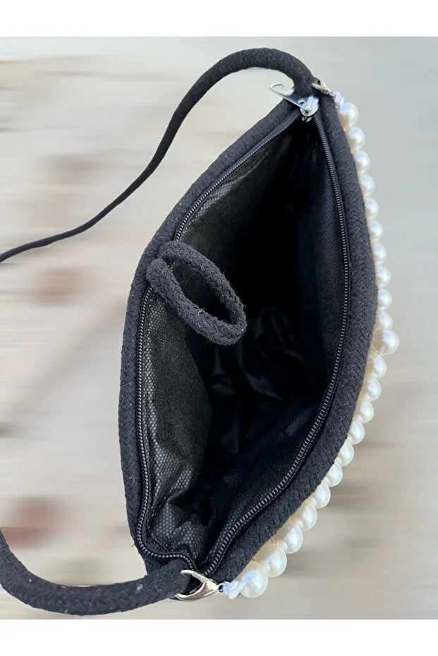 Women Black Pearl Design Classic Shoulder Bag Elegant Daily Handbag
