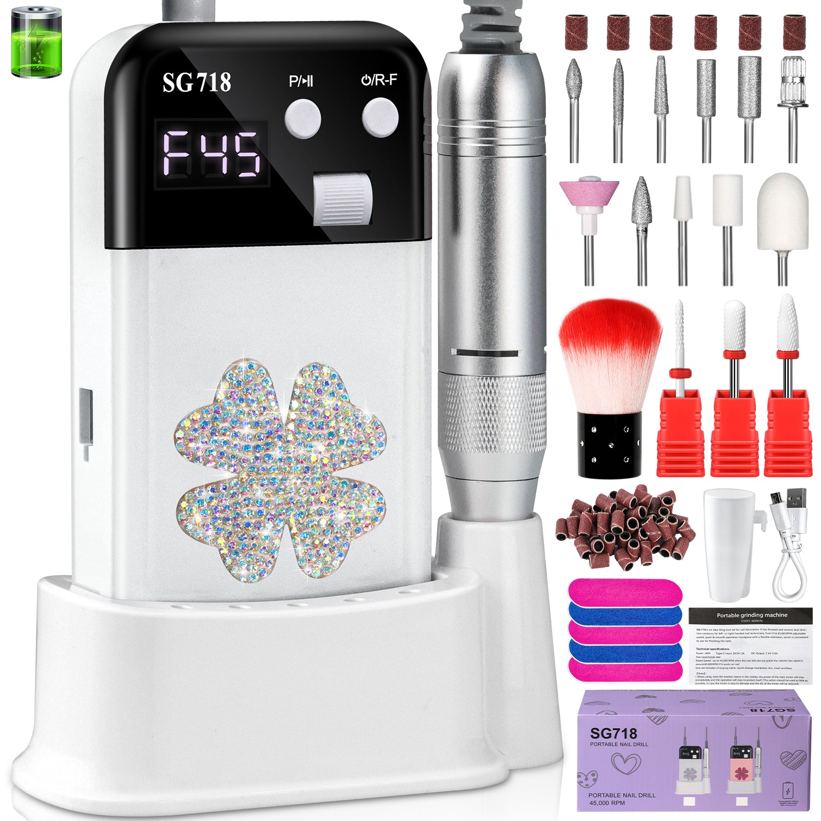 Rechargeable Nail Drill 45000 RPM - Electric Nail File For Shaping, Removing & Polishing Gel Nails-Lightweight & Easy To Use-Perfect For Home & Salon Manicure Pedicure