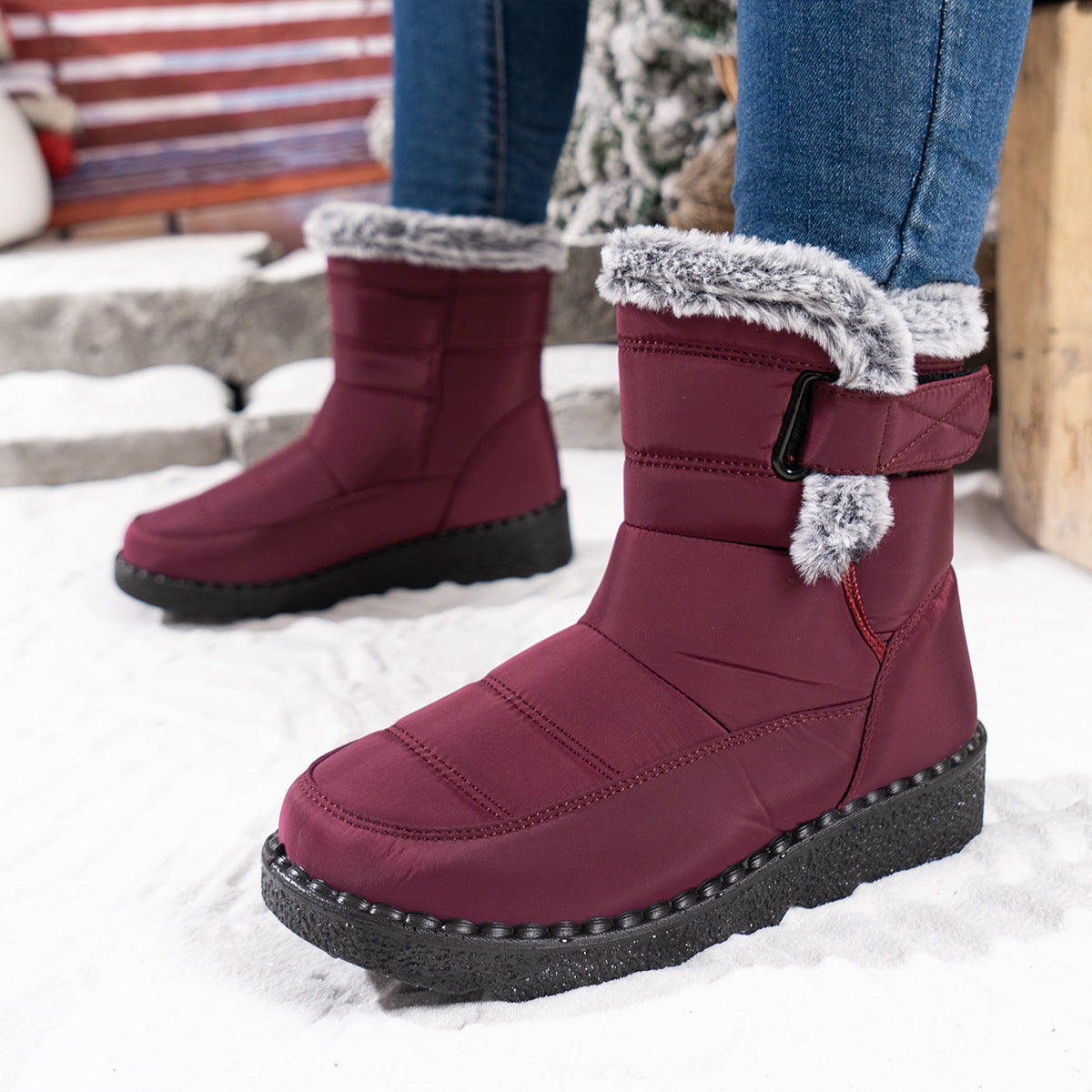 Women's Snow Boots With Rabbit Fur And Velcro Closure
