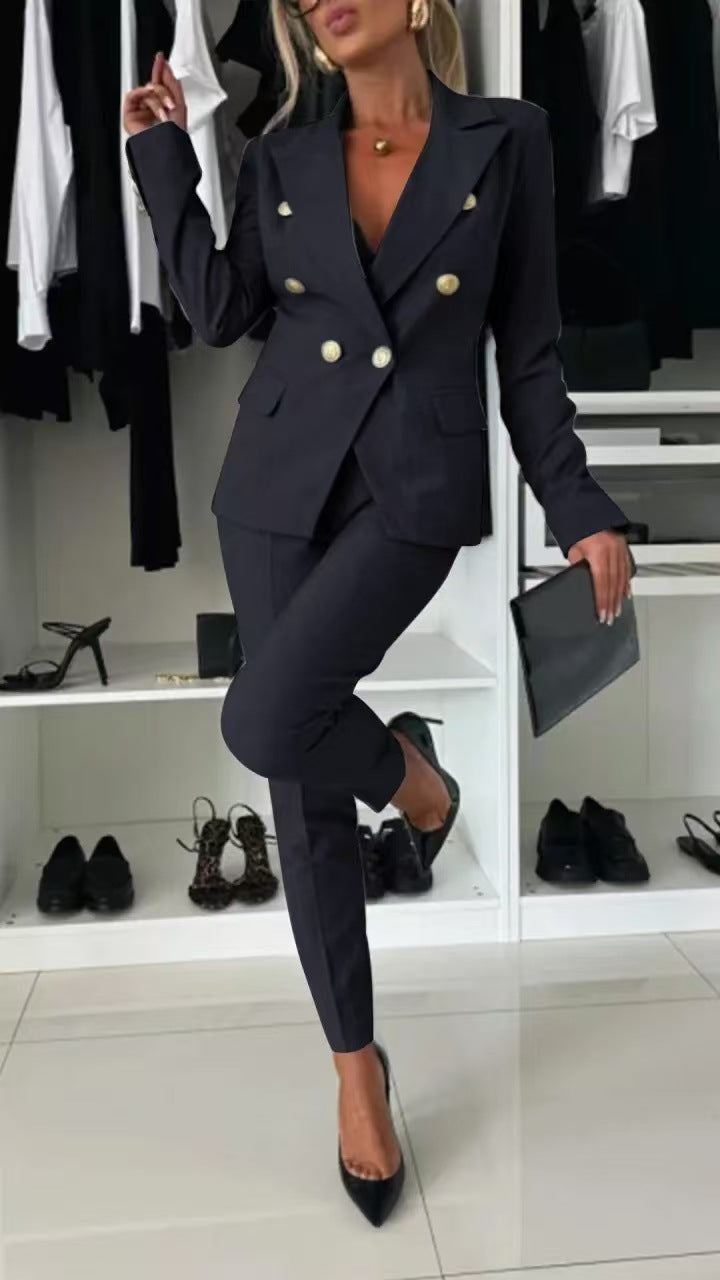 Casual Blazer Suit Slim Lapel Double-breasted Jacket And Zip-up Trousers Women's Clothing