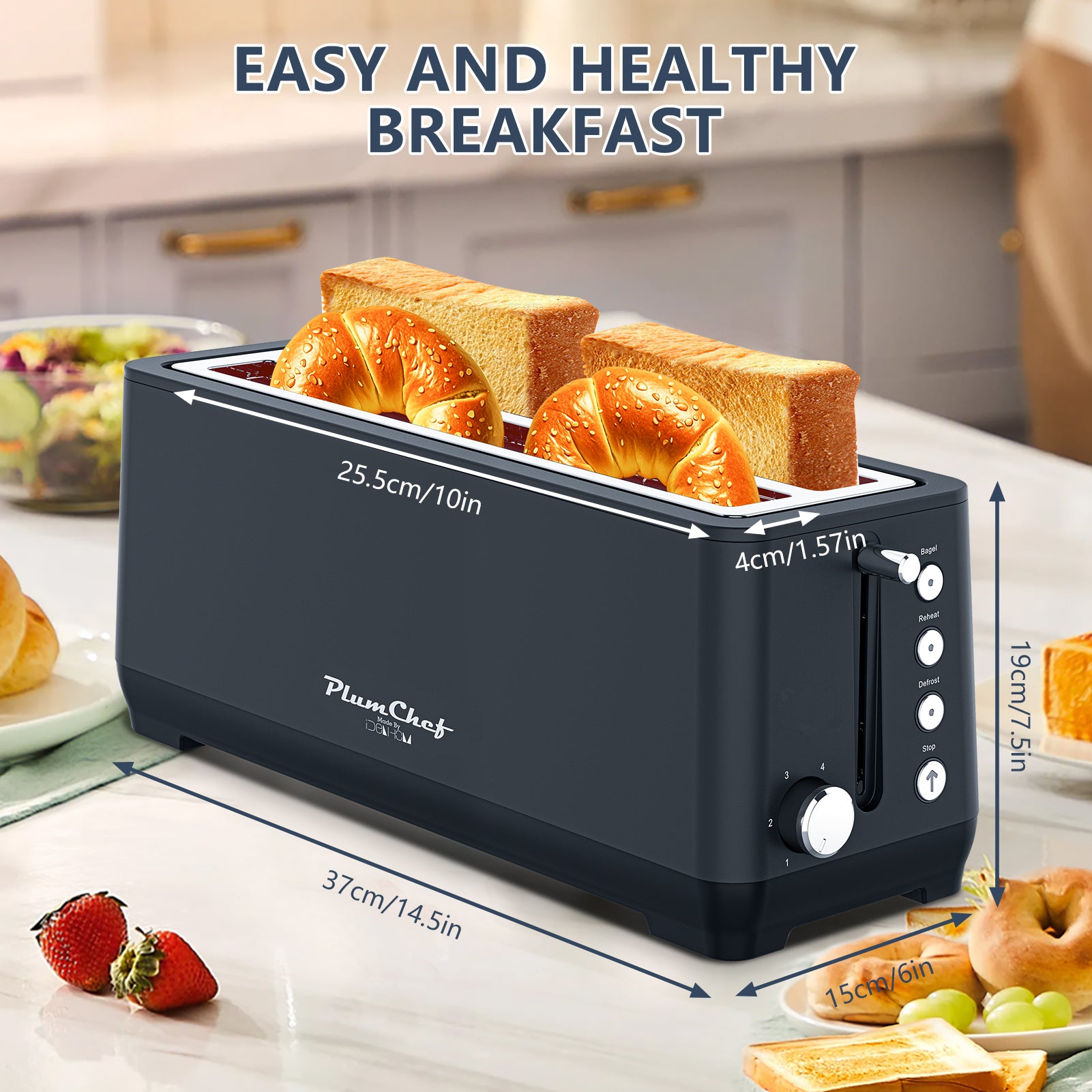 4-Slice Toaster, Extra Wide Long Slot, 6 Settings, Bagel, Defrost, Reheat, Removable Crumb Tray, Stainless Steel Housing, Matte Black