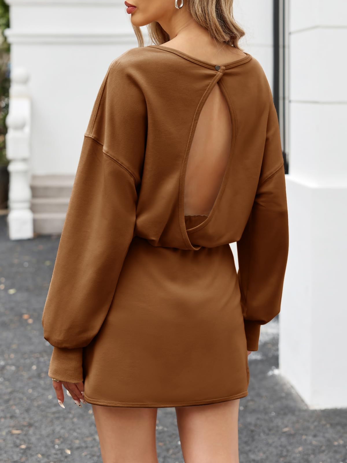 Fisoew Womens Long Sleeve Athletic Dress Backless Keyhole Built-in Shorts Oversized Workout Active Dresses