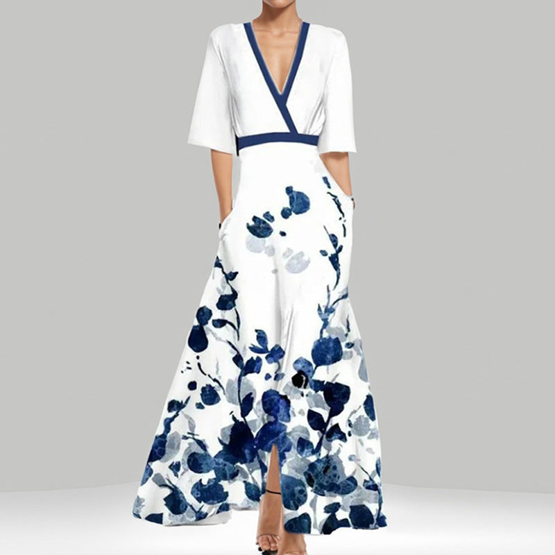Fashion Print Half-sleeve V-neck Dress Temperament Slim Tight Waist Dresses For Women