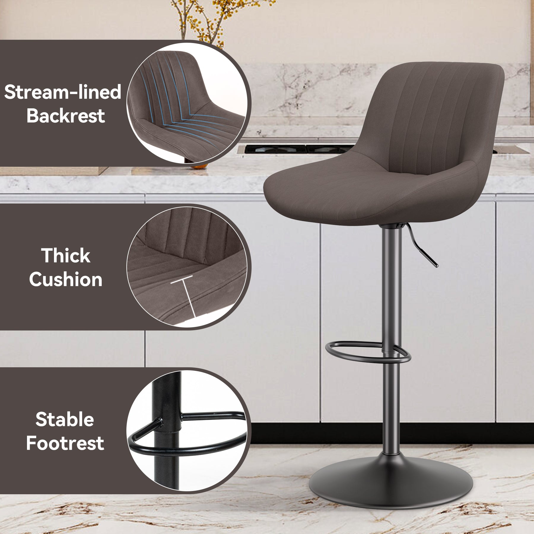 Bar Stools, Adjustable Modern Swivel Bar Stools With Backs, Counter Height Performance Fabric Island Chairs For Home Kitchen