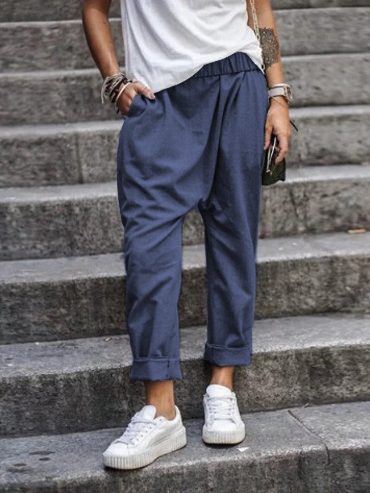 Women's Casual Pants With Pockets Elastic High Waist Harem Trousers Fashion Streetwear Clothing