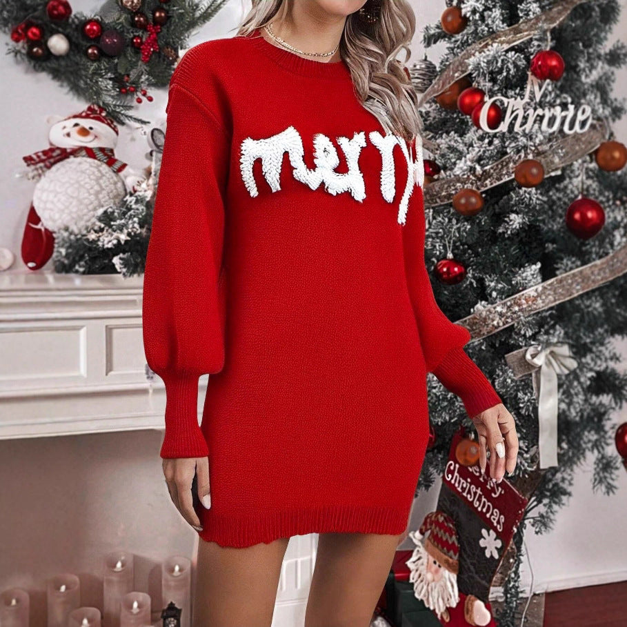 Women's Christmas Knitted Round Neck Sweater Dresses Lantern Sleeve Pu – SmartShoppers
