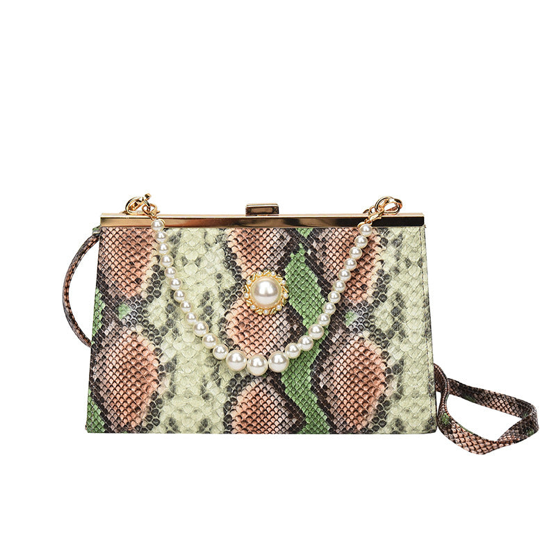 New Vintage Snake-pattern Pearl-chain Evening Bag