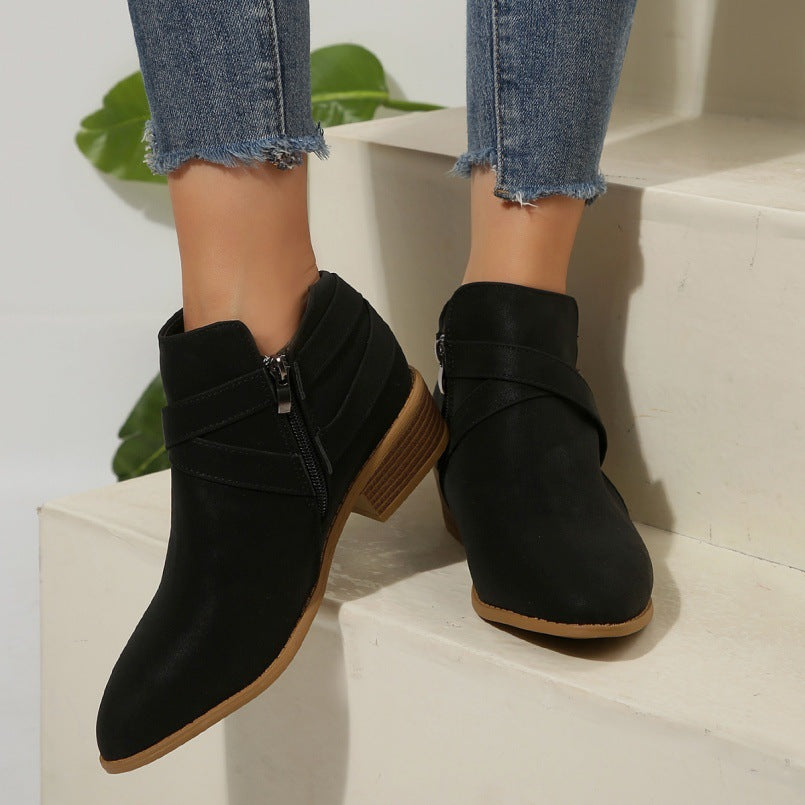 Fashionable Chunky-Heel Leather Belt-Clasp Side-Zip Ankle Boots