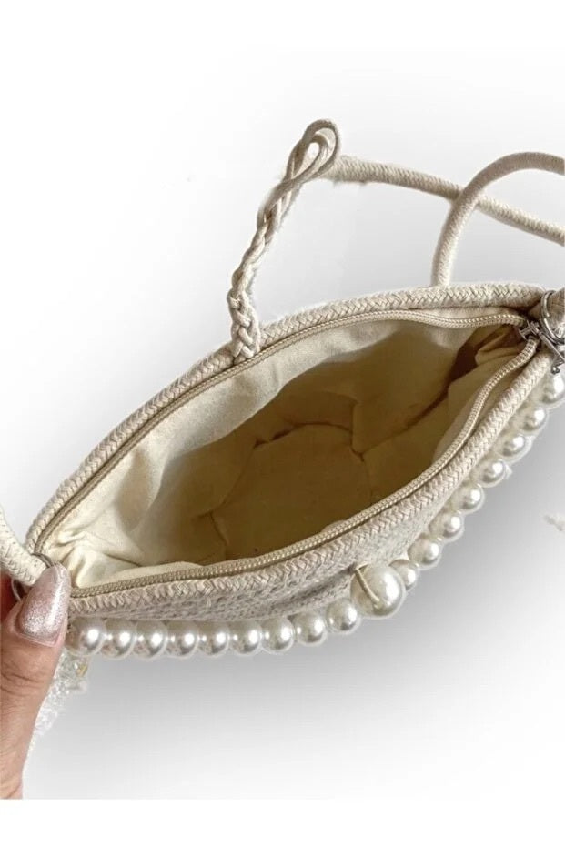 Women White Shoulder Bag With Pearl Design Elegant Baguette Handbag