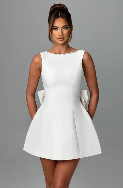 Fashion Big-Bowed Pearls Backless Dress Summer Slim Sleeveless A-line Dresses For Party Evening Women's Clothing