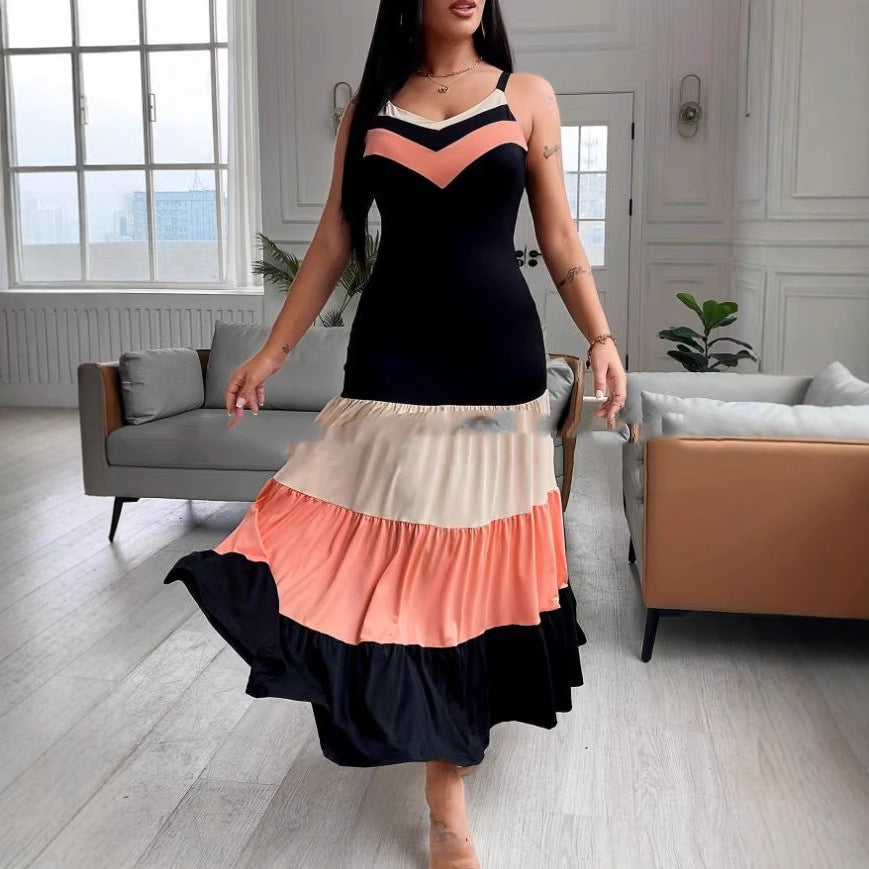 V-neck Black Panel Contrast Color Sling Dress In Stock