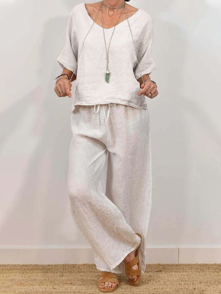 Womens Multi-Color Two-Piece Set Casual V-Neck Pullover With Three-Quarter Sleeves And Extended Pants
