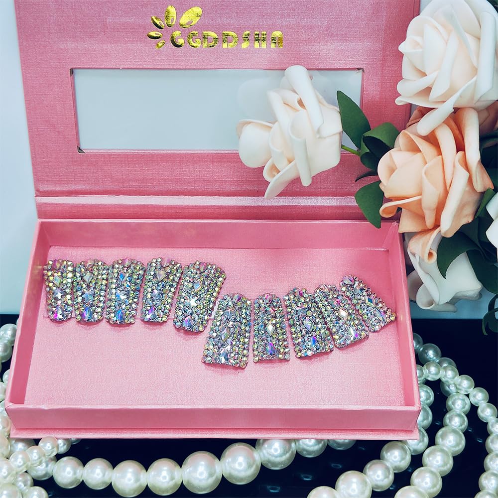 GGddsha Full Diamond Duck Nails Medium Square ReusablePMMA Acrylic Nails Handmade Full Coverage Deluxe 3DCrystal Fake Nail With Box Gift For Women,Aurora Edge