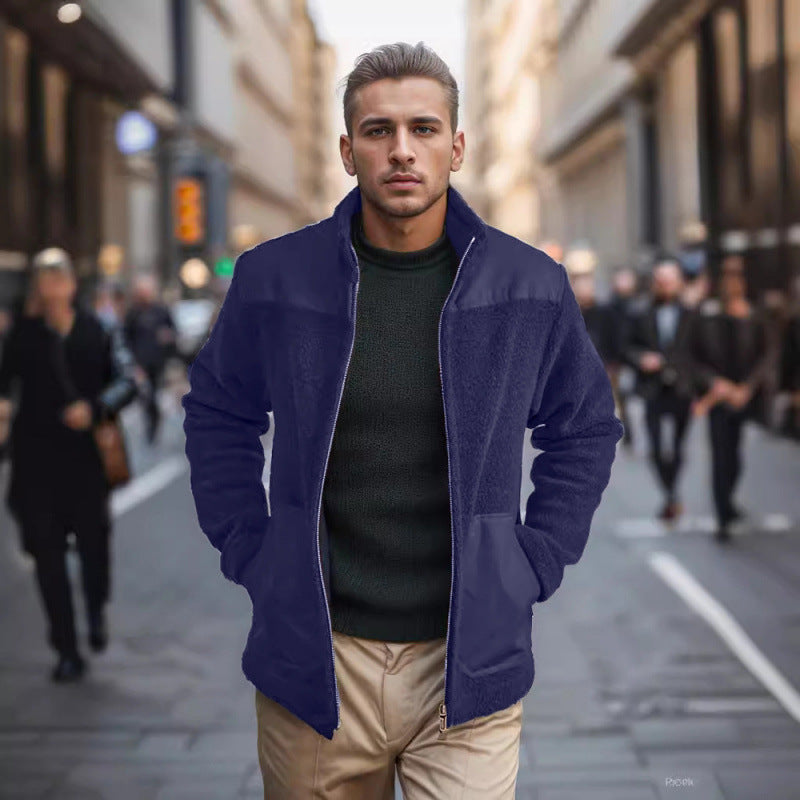 Men's Fleece Patchwork Color-Block Stand-Up Collar Fashion Jacket
