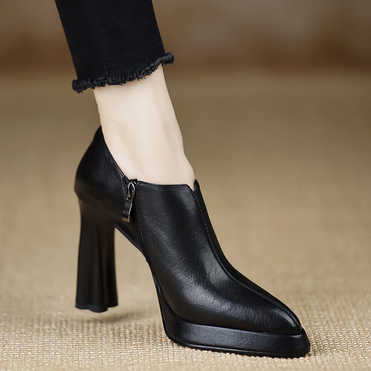 New Style Chunky-heeled Vintage Deep-toe Pumps With Zippers