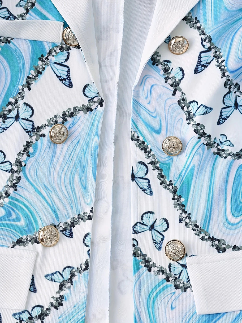 New Elegant And Fashionable Two-piece Set, Featuring A Blue Butterfly Marble Gradient Print Lapel Double Breasted Long Sleeved Suit Jacket And Solid Color High Waisted Slim Pants, To Be Your Own
