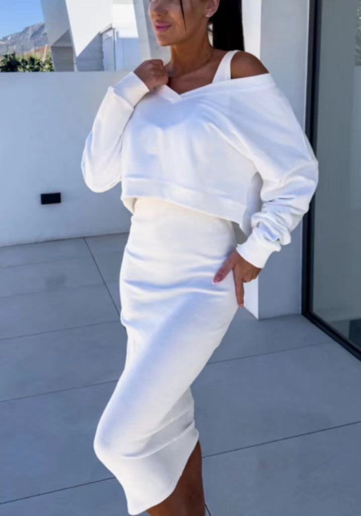 Women's Two Piece Dress Suit Fashion Long-sleeved  V-neck Pullover Sweatshirt And Sleeveless Dresses Set
