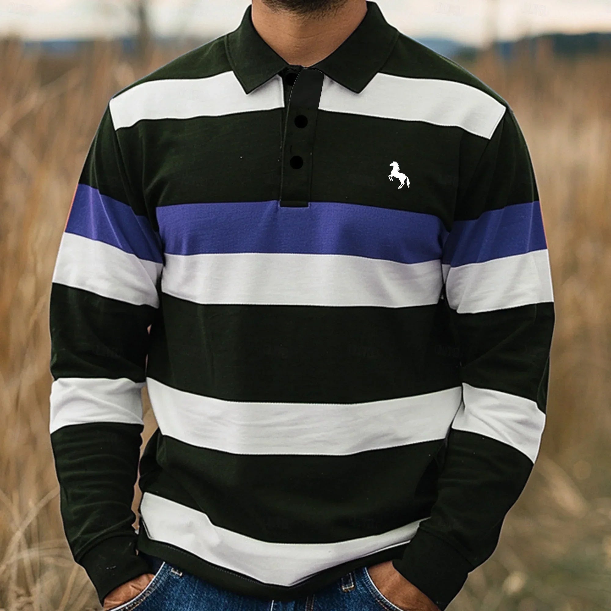 Digital-print Men's Casual Long-sleeve Polo-neck Top