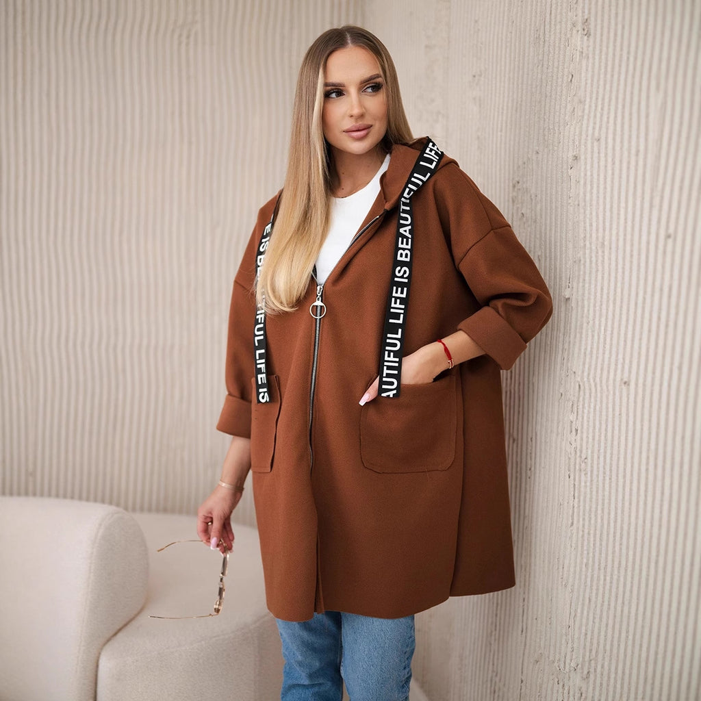 Hooded Sports Women's Large Size Long Sleeve Zipper Woolen Coat
