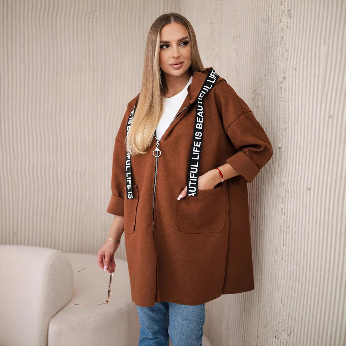 Hooded Sports Women's Large Size Long Sleeve Zipper Woolen Coat