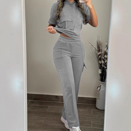 Casual Solid-Color Hoodie And Straight-Leg Pants Two-Piece Set