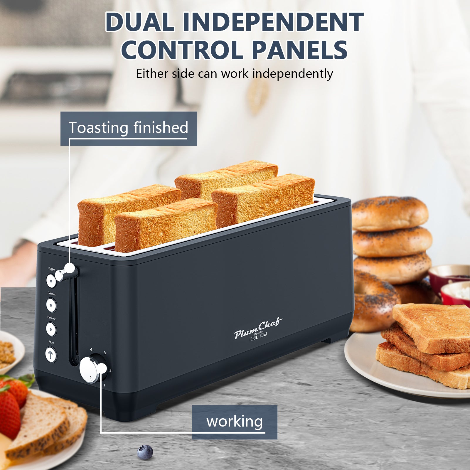 4-Slice Toaster, Extra Wide Long Slot, 6 Settings, Bagel, Defrost, Reheat, Removable Crumb Tray, Stainless Steel Housing, Matte Black