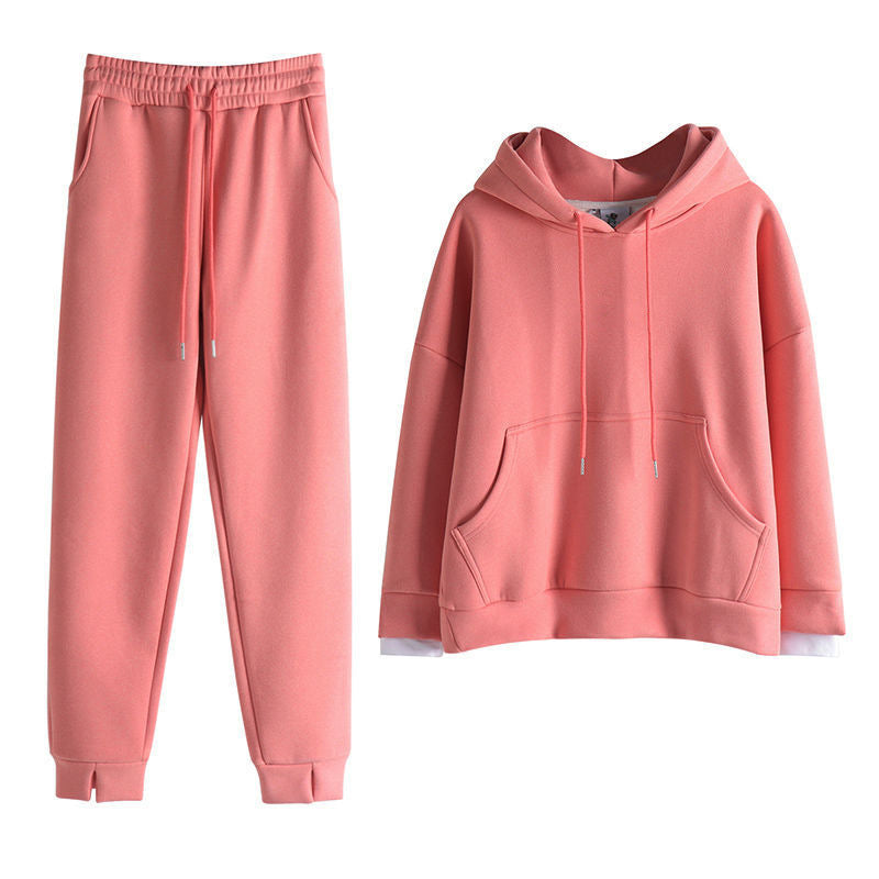 Thickened Fleece-Lined Solid-Color Sporty Casual Hoodie Set