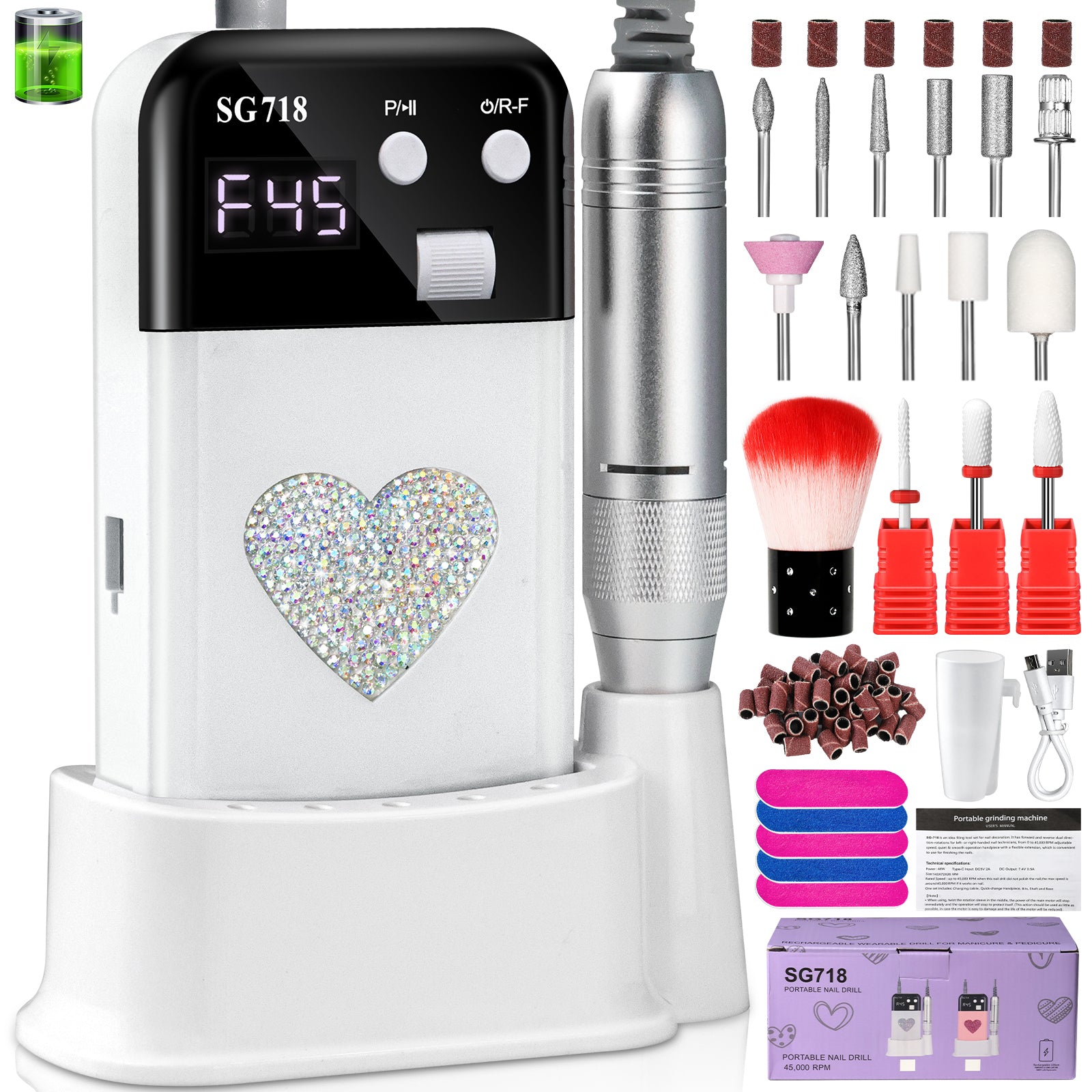 Rechargeable Nail Drill 45000 RPM - Electric Nail File For Shaping, Removing & Polishing Gel Nails-Lightweight & Easy To Use-Perfect For Home & Salon Manicure Pedicure