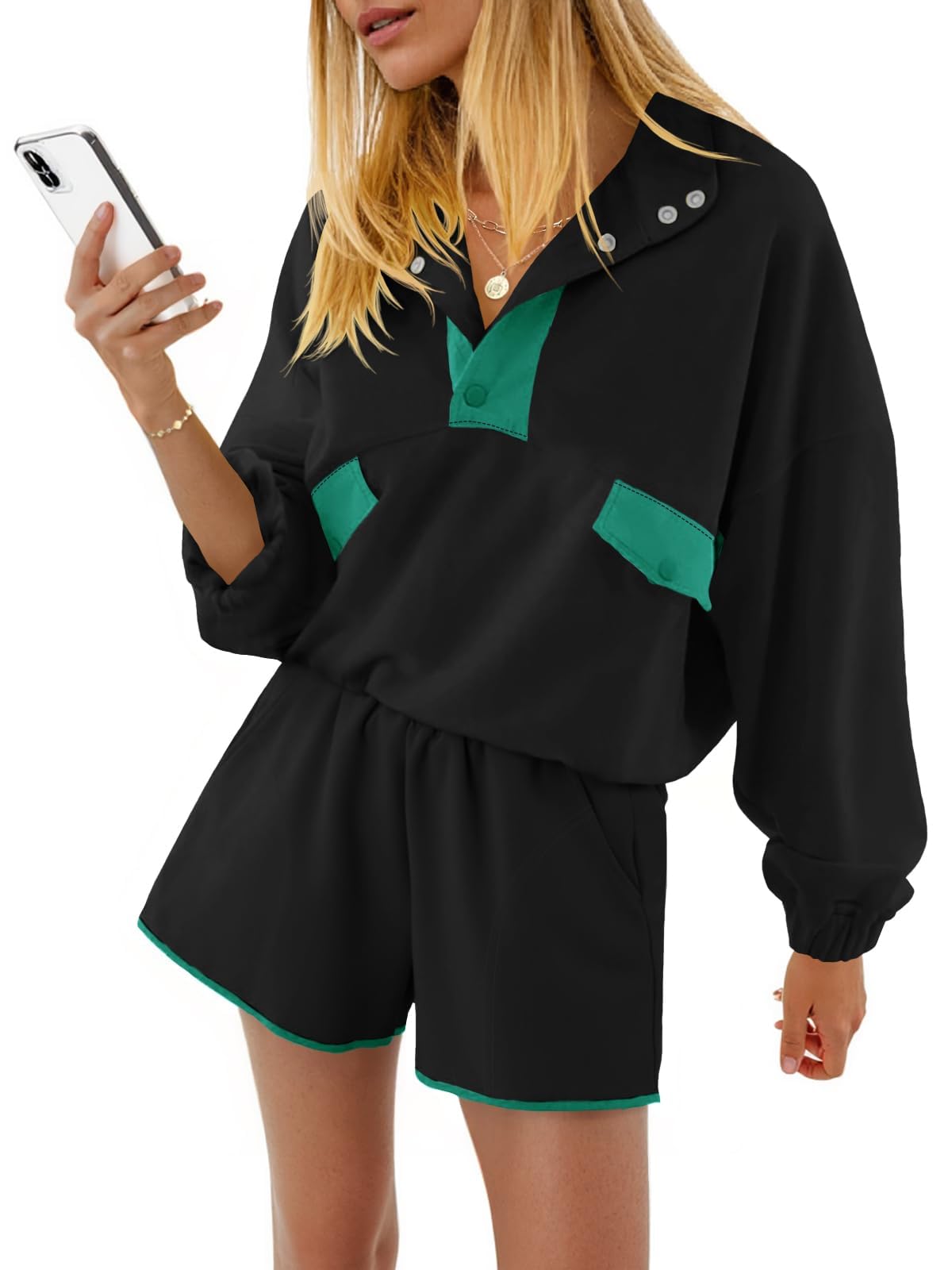 Fisoew Womens 2 Piece Sets Sweatsuits Casual Half Button Color Block Sweatshirts Running Shorts Tracksuits Fall Outfits