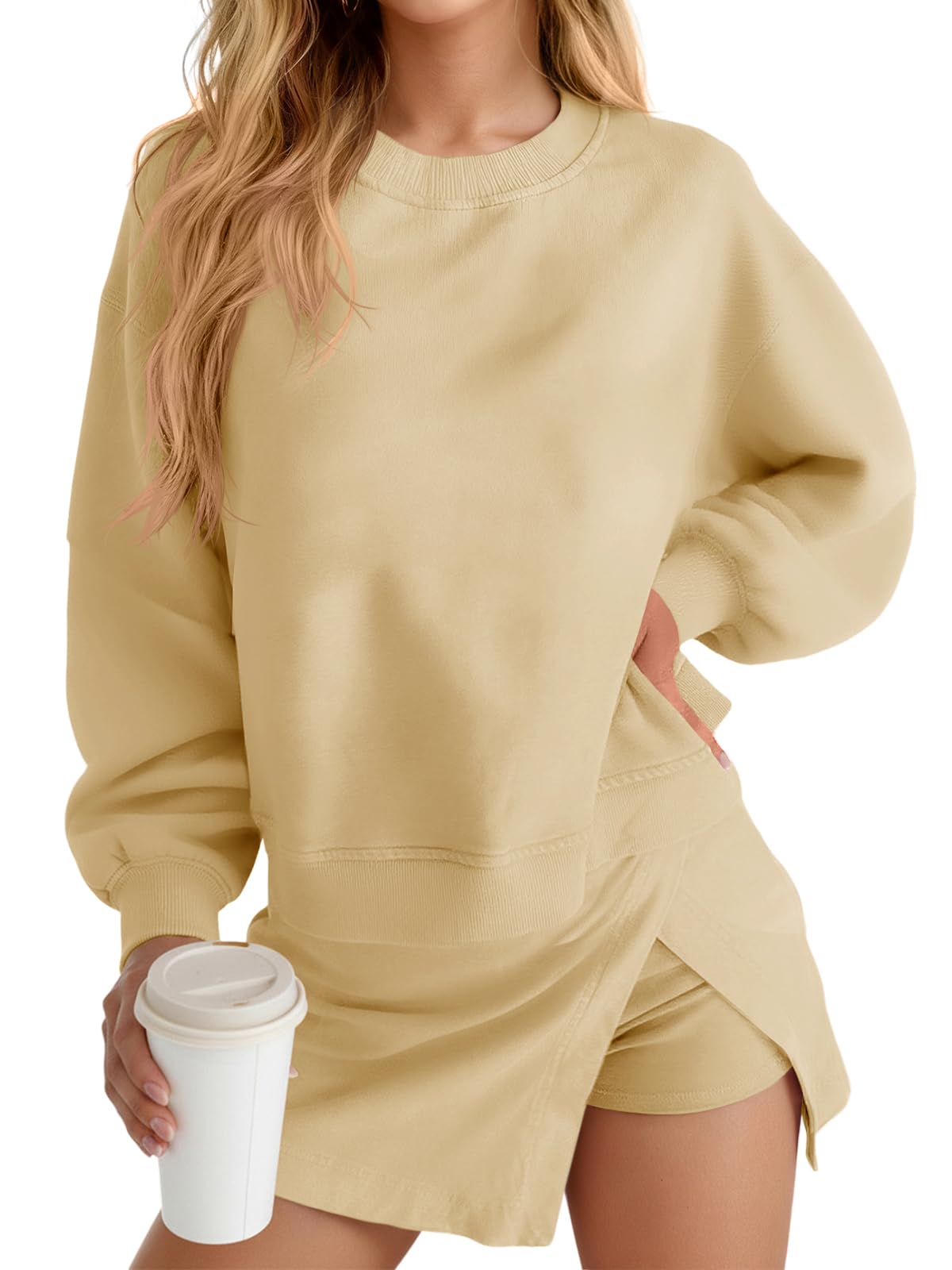 Fisoew 2 Piece Sets For Women Cotton Workout Sets Sweatshirt Top High Waisted Lined Split Athletic Skirt Set