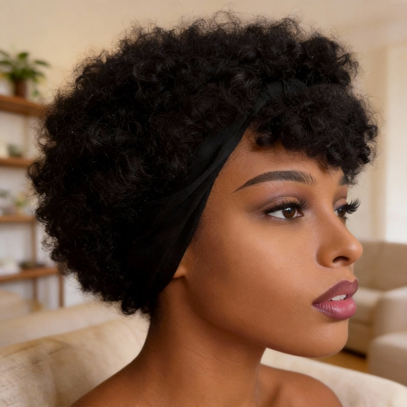 Natural Black Short Afro Kinky Curly Wig WithAttachedHeadbands Glueless Synthetic Wear And Go ForBlackWomen Fluffy Bouncy Afro Wigs