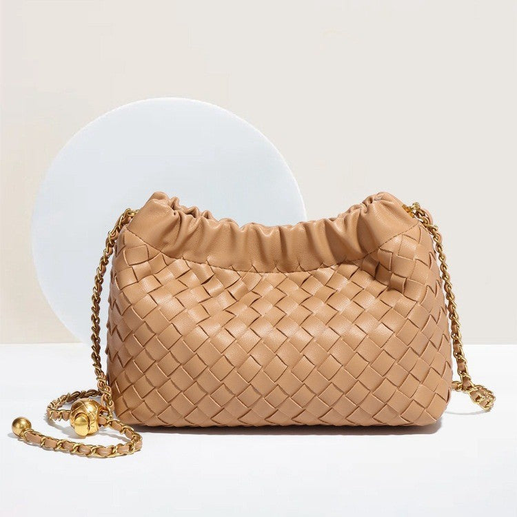 Cloud-shaped Woven Handbag With Gold Beads Chanel-style Chain And Shouldercrossbody Strap