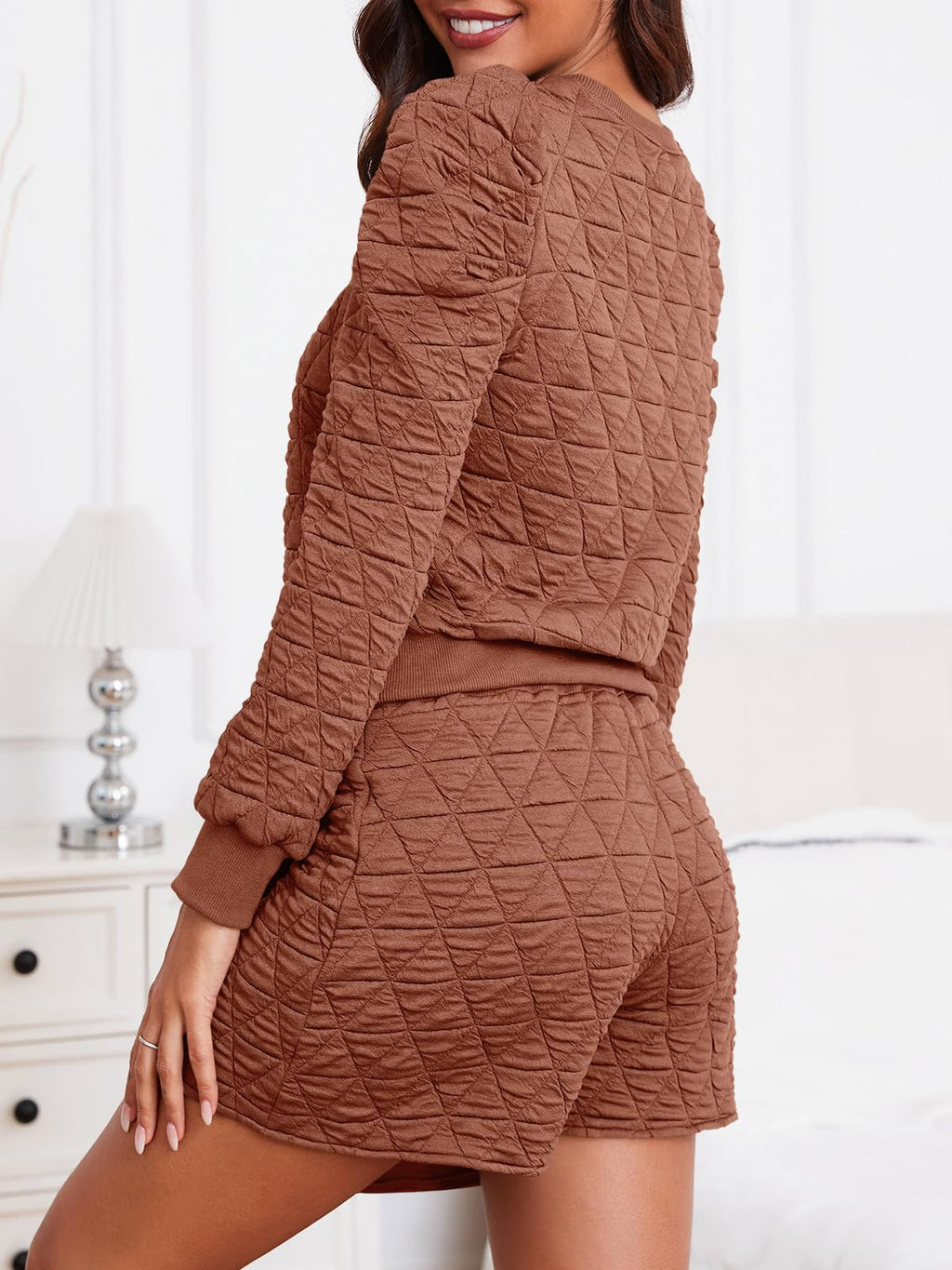 Fisoew Women's 2 Piece Lounge Wear Set Long Sleeve Argyle Sweatshirts And Wrap Skorts Casual Sets