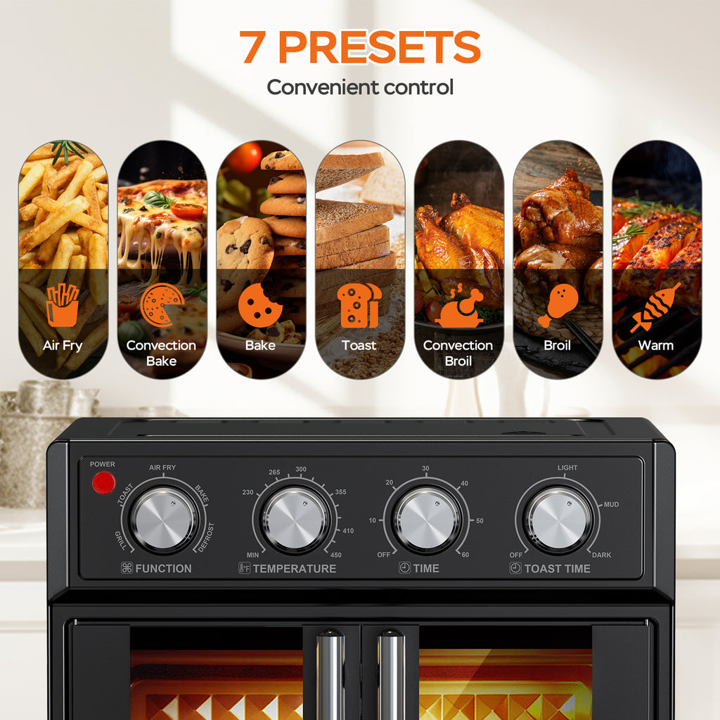 29.5 QT Air Fryer Convection Toaster Oven, French Door, 6 Slices, 1700W, Multifunction Oven, Air Fryer, Toast, Grill, Defrost, Bake, Time And Temperature Controls, Black