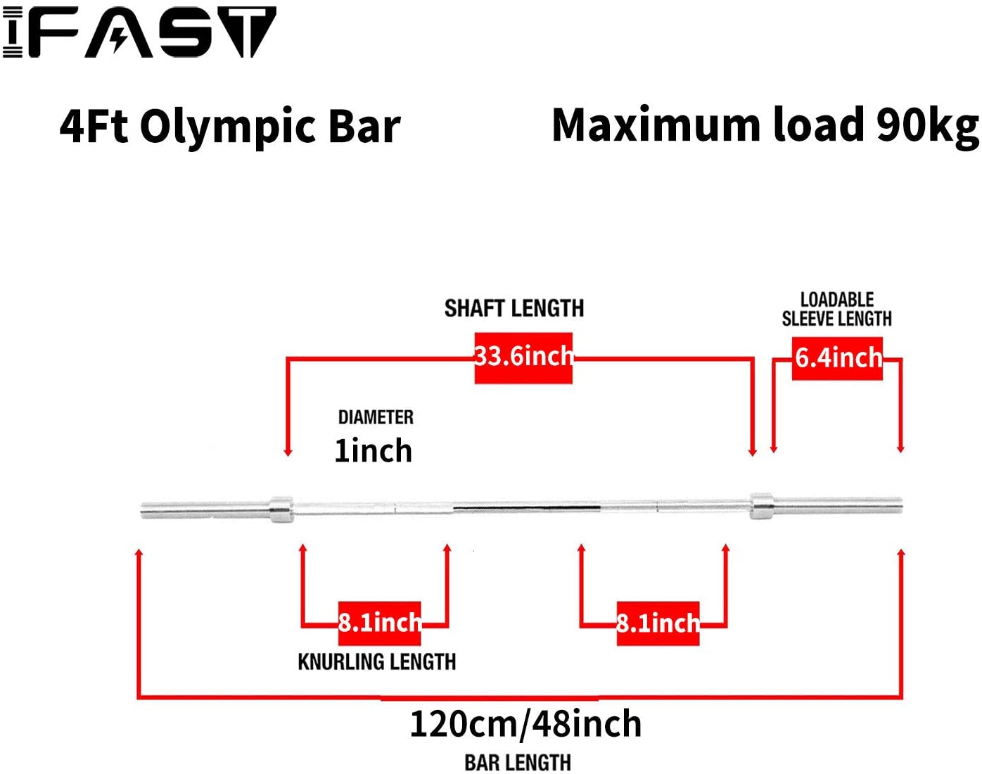 Barbell Rod Suitable For 2 'Olympic' Weight Plates, Home Fitness Weightlifting Bar, 4 Feet Solid Chrome Alloy Weight Rod, Fitness Training Curling Bar