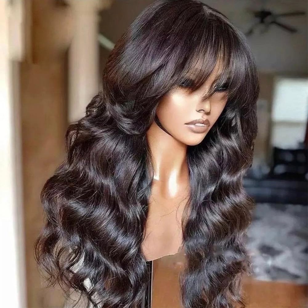 Full Machine Made Human Hair Wig, Body Wave Wig Natural Color, 150 Density