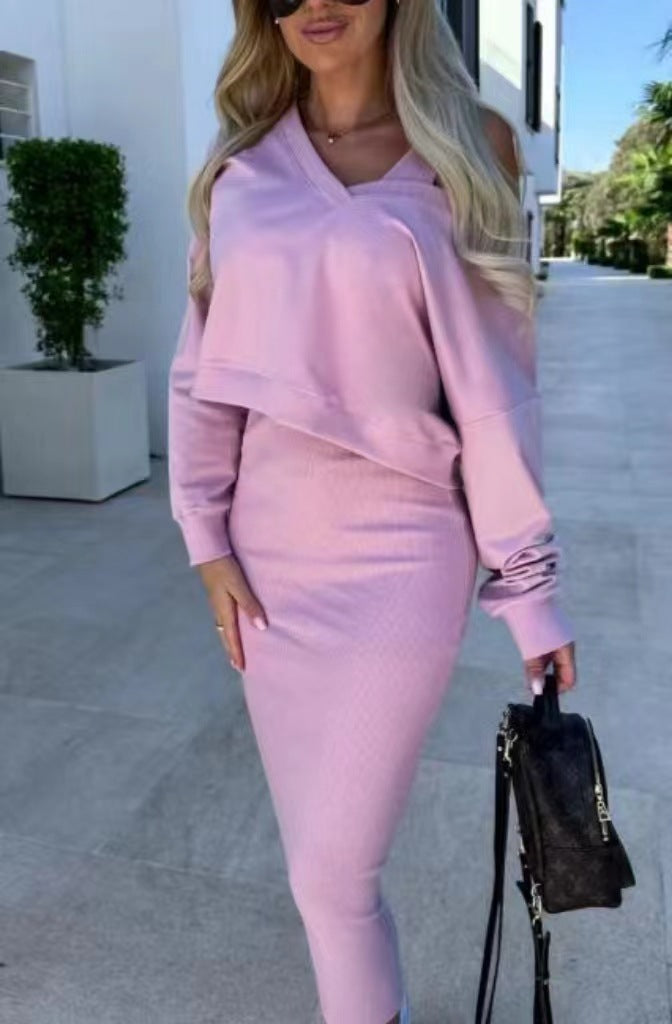 Women's Two Piece Dress Suit Fashion Long-sleeved  V-neck Pullover Sweatshirt And Sleeveless Dresses Set