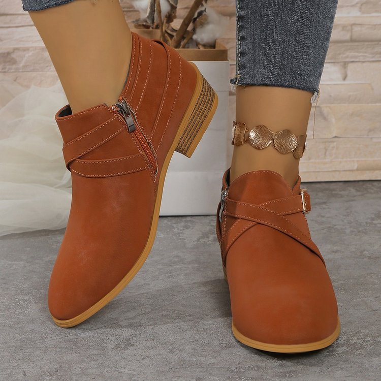 Womens Large-Size Leather Boots With Side Zipper And Cross Straps